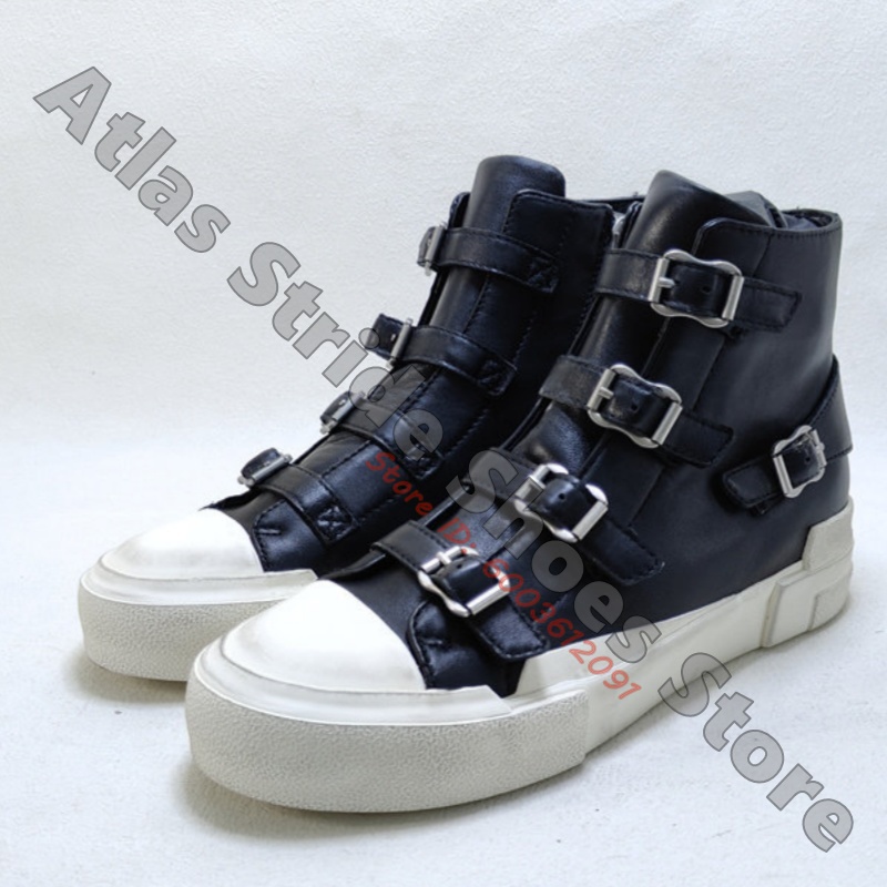 Mesh Strap Metal - コントラストハイカットスニーカー マルチシルバーメタルバックルストラップ装飾 フェイクレザーアッパー サイドジップクロージャー パンクストリートスタイルシューズ