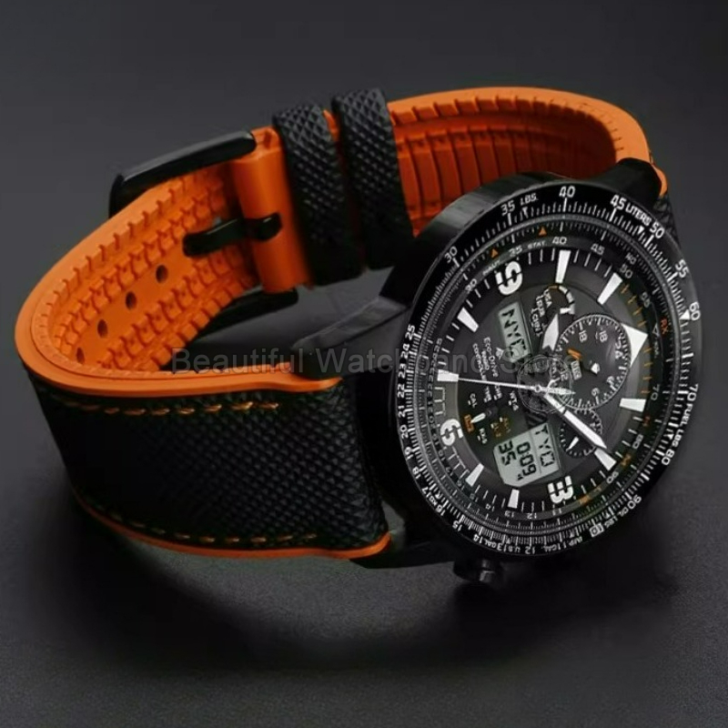 Citizen Watch Promaster - メンズフッ素ゴムシリコン時計ストラップフラットインターフェースオメガシチズンプロマスタースカイホーク A-T JY8085/8075 シリーズ時計ブレスレット用