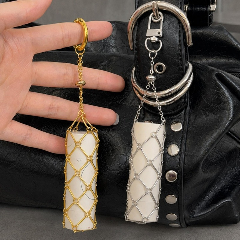 Mesh Strap Metal - ポータブルメッシュメタルネットバッグ女性用ユニバーサル軽量ゴールデン口紅カバーキーリングメイクアップ収納中空メッシュキーホルダー