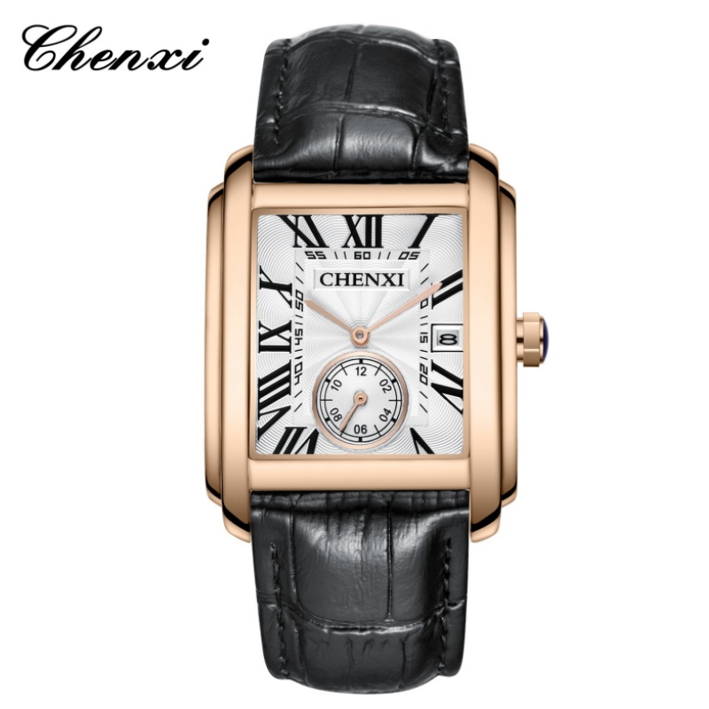 Leather Watch Band Men - Chenxi-男性用のクラシックなスクエアブラウンレザーウォッチ,高級ブランド,クォーツ時計,女性用,8216
