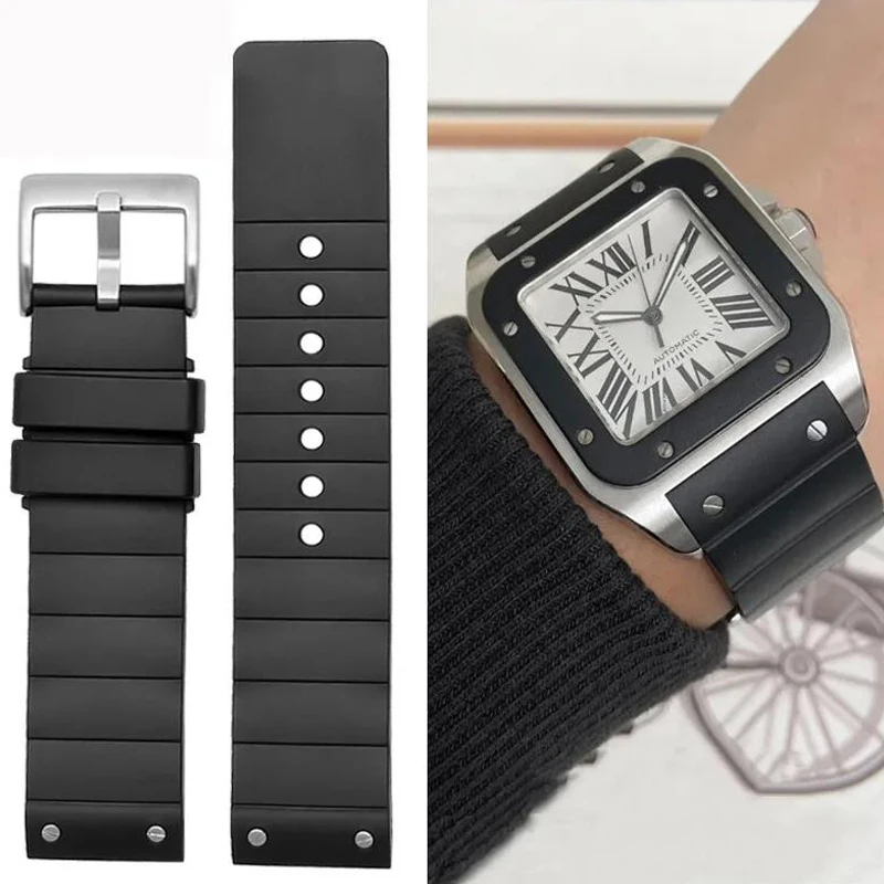 Cartier Watch Santos - 男性と女性のためのゴム製時計バンド,黒いストラップ,シリコンブレスレット,高品質,100, 23mm