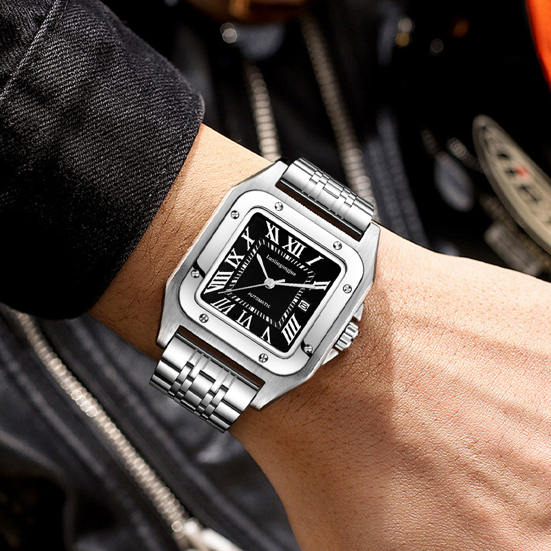 Cartier Watch Santos - 男性用の高級高級スクエア自動機械式時計、中空バタフライクラスプ付き、ファッショナブルなビジネスカジュアル多用途スタイリッシュなメンズ腕時計、さまざまな機会に着用でき、バレンタインデーに彼氏への贈り物に最適です。