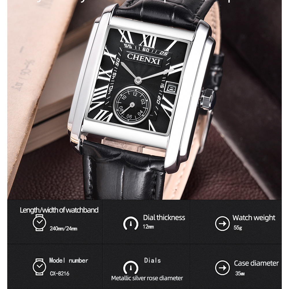 Chenxi-男性用のクラシックなスクエアブラウンレザーウォ - Leather Watch Band Men のレビューと価格